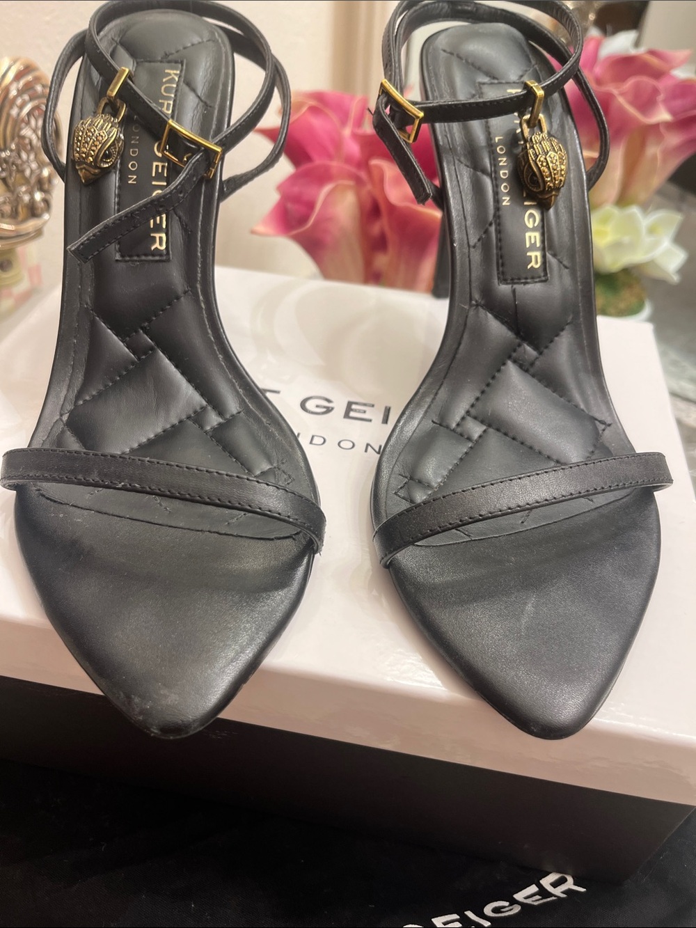 Kurt Geiger Black Quilted Leather Ankle-Strap Heels with Gold Charm
